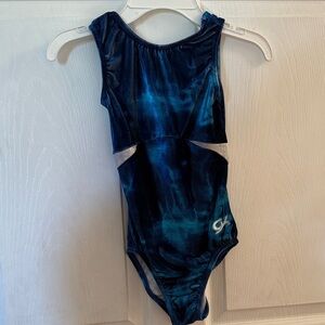 GK Blue Teal Swirl Gymnastics Leotard with Silver Accents